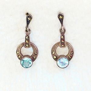 Vintage Sterling Silver, Aquarium and Marcasite Art Deco Earrings